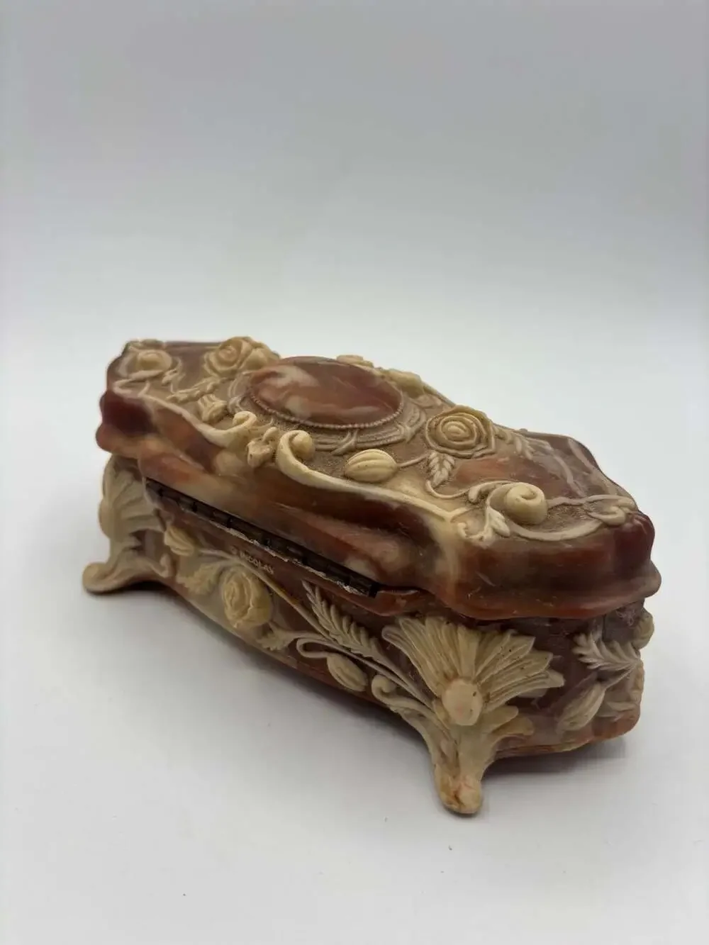 Vintage Incolay Stone Genuine Jewelry Trinket Box Pink Handcrafted Ornate Floral